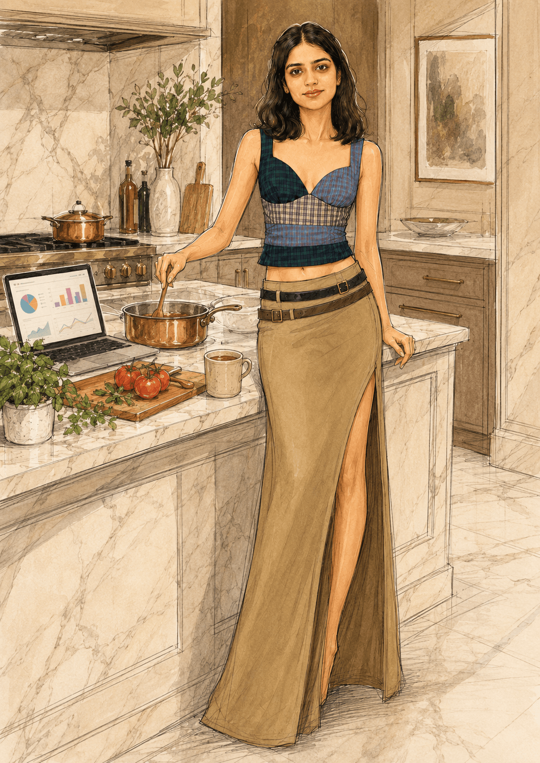 Illustration of Isha in a marble kitchen with analytics and cooking details